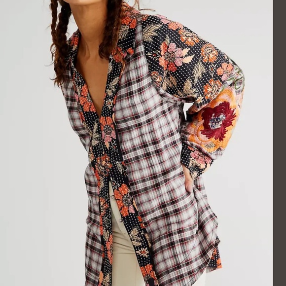 Free People Tops - Free People Coast to Coast Floral Plaid Embroidered Top A615-2